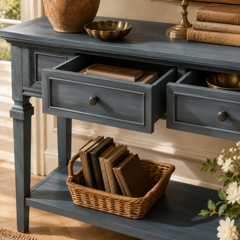 Console rétro Velmont 50 po avec 3 tiroirs et tablette inférieure, table d'entrée en bois massif avec poignées en métal vintage, meuble de rangement pour salon ou couloir.