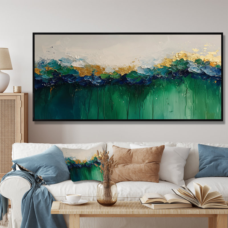 Nuhad Green Neo Expressionism Of Rhythmic Driauge Flowers III - Neo-Expressionism Wall Art, H 28 po x l 60 po, Floater Framed