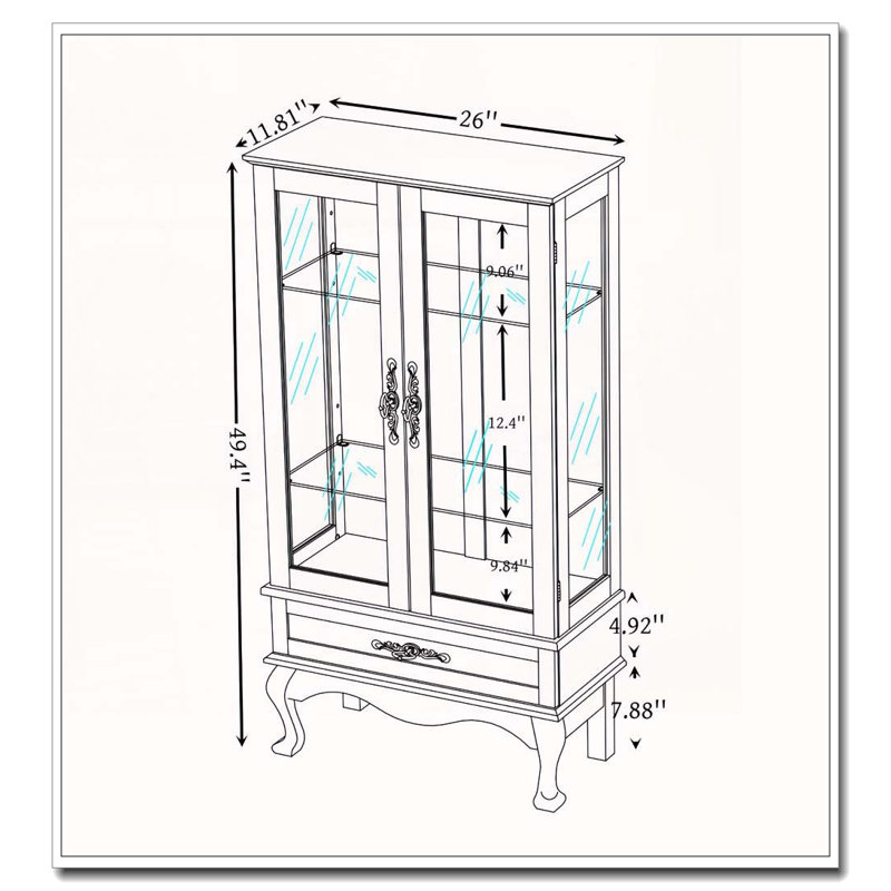 Vitrine en verre avec tiroir et tablettes réglables en verre, Cerisier