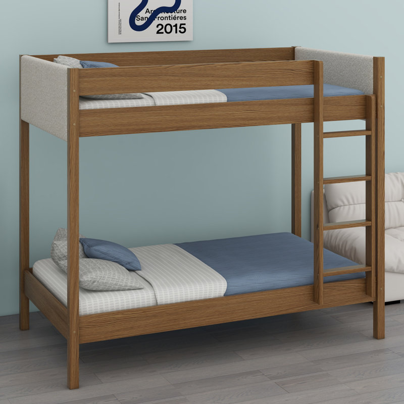 Bunk Bed Frame With Ladder, Safety Guardrails, Upholstered Headboard/Footboard