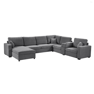 Canapé modulaire à 5 places, canapé modulaire en forme de U de 134 po, grand canapé familial avec méridienne, siège profond confortable, porte-gobelets intégrés, tiroir de rangement et coussins pour le salon