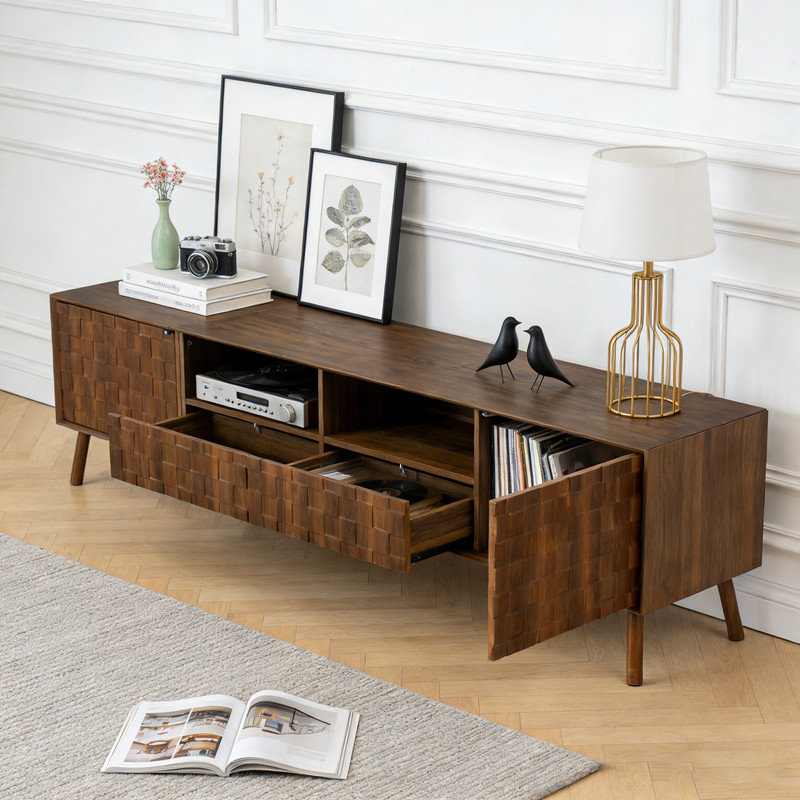 Meuble télé moderne 78 po pour téléviseur de 85 po ou moins, meuble audio-vidéo avec façade texturée, pieds en bois massif, tiroirs et gestion des câbles