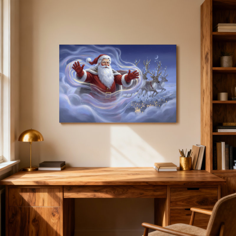 Père Noël de Noël volant avec des rennes au-dessus de la ville, H 32 po x l 48 po