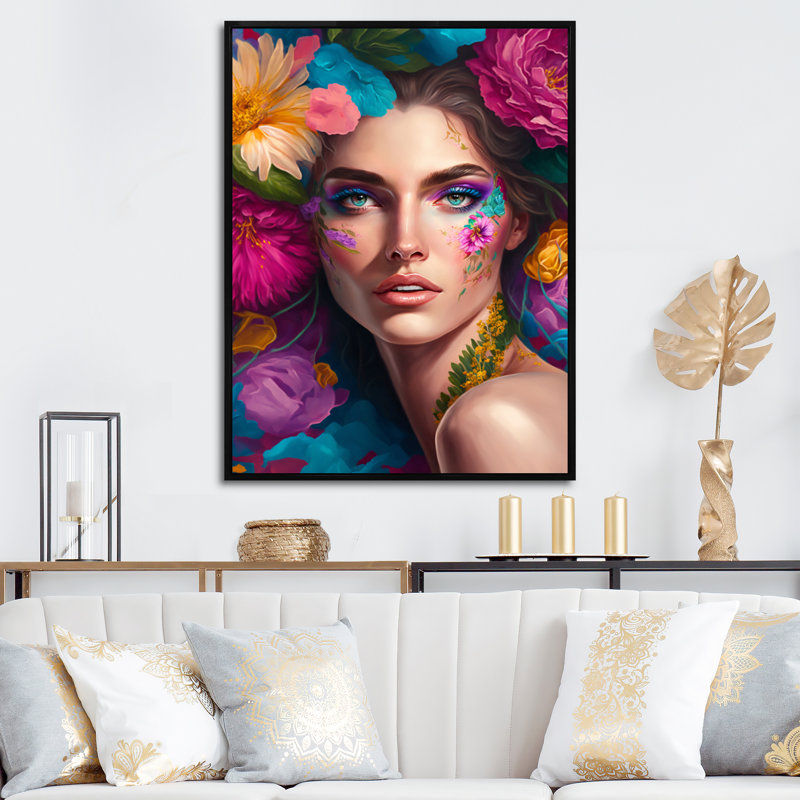 «Floral Sensual Woman Portrait V», impression sur toile, H 20 po x l 12 po x P 1 po, Cadre flottant noir