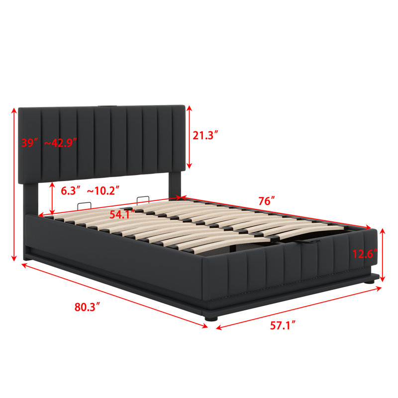 Upholstered Platform Bed With One Large Drawer In The Footboard And Drawer On Each Side, Black