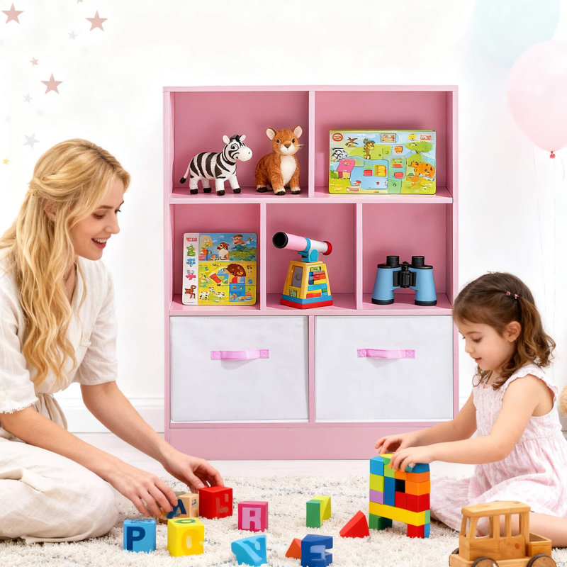 Amaiah 3-Tier Storage Bookcase, 7 Cube Open Shelves with Fabric Drawers, Wood Display Cabinet