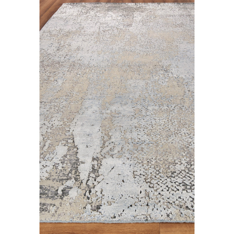 Exquisite Rugs Fine Pure Silk Hand-Knotted Gray/Beige Area Rug, Rectangle 8' x 10'