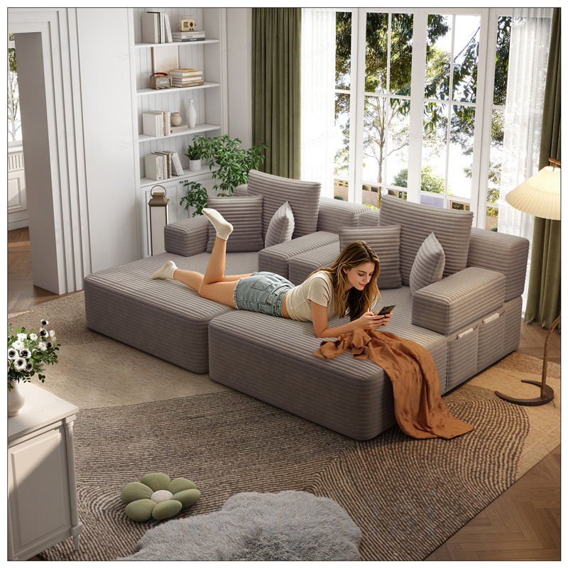Ensemble 2 pièces surdimensionné de méridienne double, luxueux canapé-lit en velours côtelé moelleux avec 6 coussins et pochette de rangement pour les petits espaces, le cinéma maison et le salon