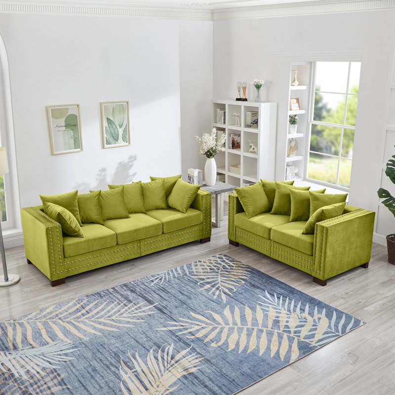 Décoration moderne pour canapé de salon avec accoudoirs carrés et clous argentés, Vert