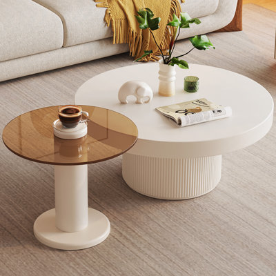 Round Nested Coffee Table Set,Cream White Coffee Table and Tempered Glass Side Table Set