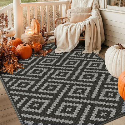 Tapis de patio imperméable et réversible en plastique pour camping-car, porche, terrasse, balcon, cour et camping-car - noir et gris
