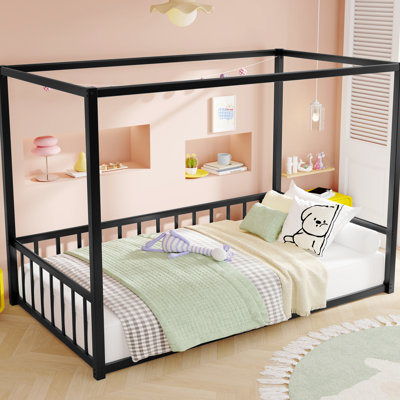 Black Twin Iron Bed Frame With Multi - Faceted Fence, Toppling, Stable For Any Surface Frame, Fence Style Guardrails, Three Dimensional Design, Simple Bedroom Assembly