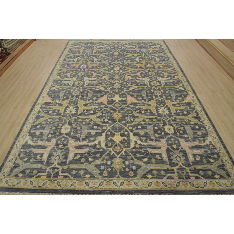 Tapis oriental en laine grise moderne noué à la main 8 pi 11 po x 12 pi Anatolia