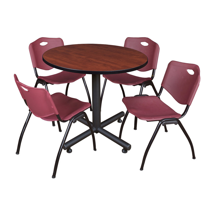 Regency Kobe Round X-Base Breakroom Table, 4 M Stack Chairs, Cherry, Burgundy
