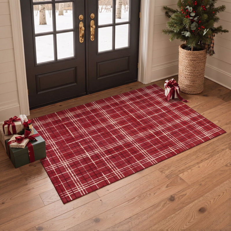 Tapis de salon lavable à carreaux tartan classiques rouges et blancs, à poils courts, idéal pour Noël