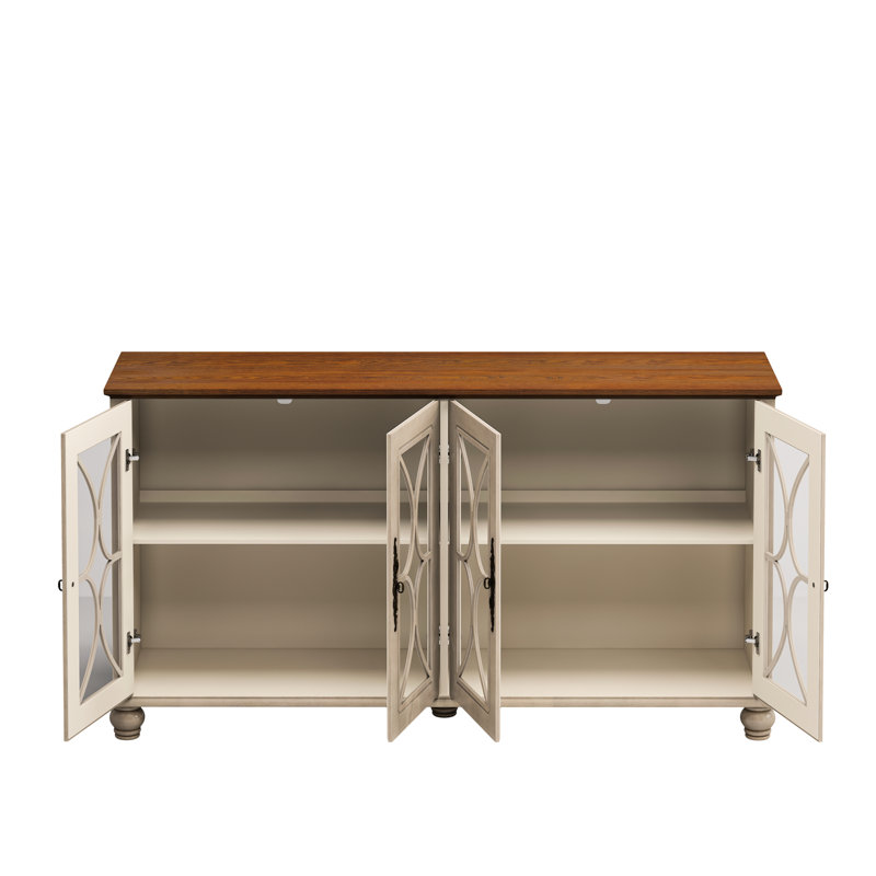 European Style 4-Door Beige Cabinet. Living Room Accent. Tempered Glass Doors, & Wood, Classic Decoration Storage Vintage For Bedroom. Glass, Wood Veneer, Functional Stylish