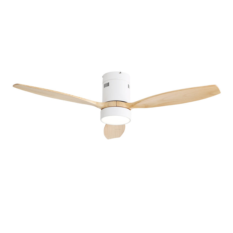 52 Inch Flush Mount Ceiling Fan DC 3 Solid Wood Fan Blade Noiseless Reversible Motor Remote Control With Light, White
