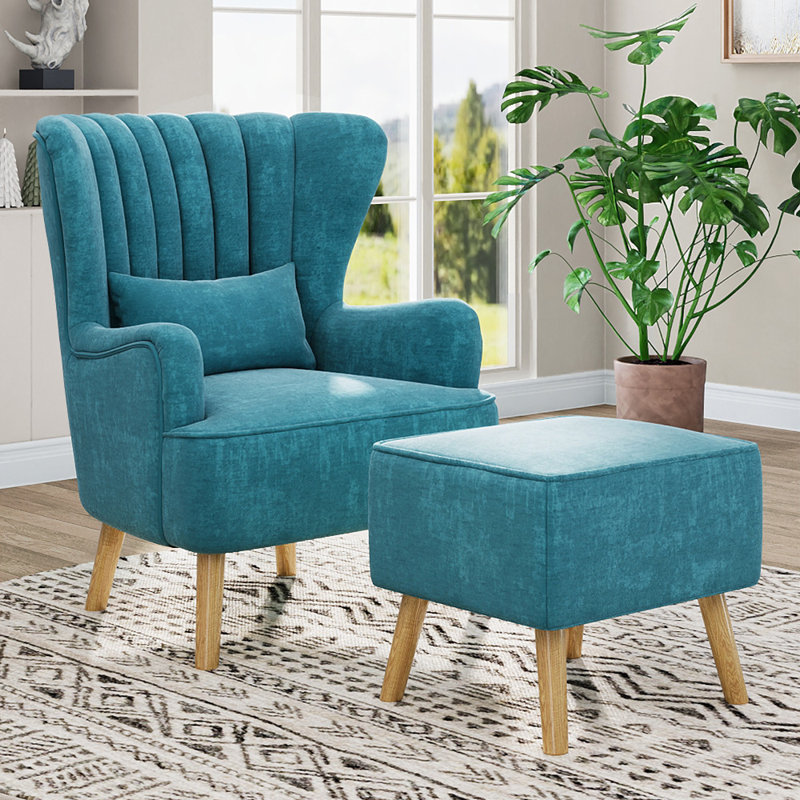 Kiro Upholstered Wingback Chair with Footstool, Blue