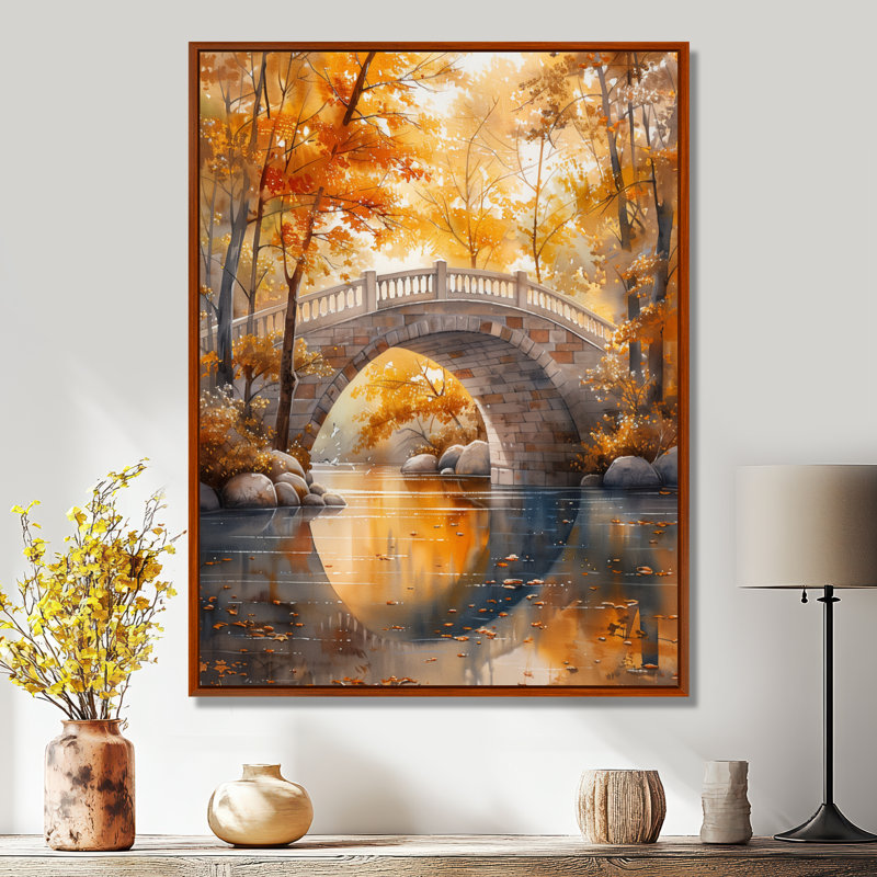 Salon de l'art mural jaune et beige, automne, rivière de beauté II, Cadre flottant brun, H 44 po x l 34 po x P 1,5 po