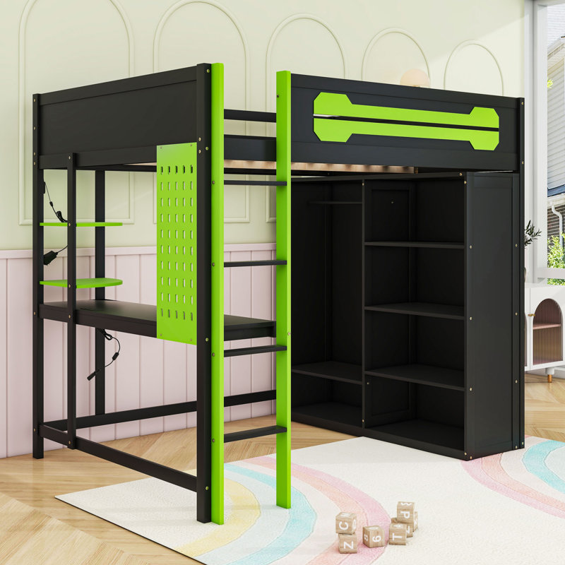 Lit mezzanine double en bois pleine grandeur avec éclairage RVB, bureau intégré, tablettes et garde-robe ouverte, Vert