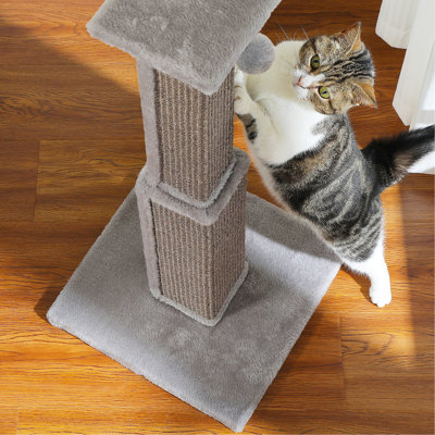 Large Cat Scratching Post 32” Tall Scratching Post for Indoor Cats Adults Ultimate Scratch Post with Woven Sisal, Large Base and Removable Dangling Ball- Grey