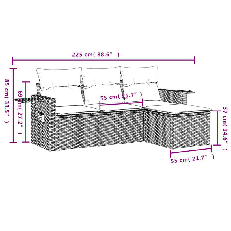  Ensemble de canapé de jardin en rotin PE gris, acier thermolaqué, polyester