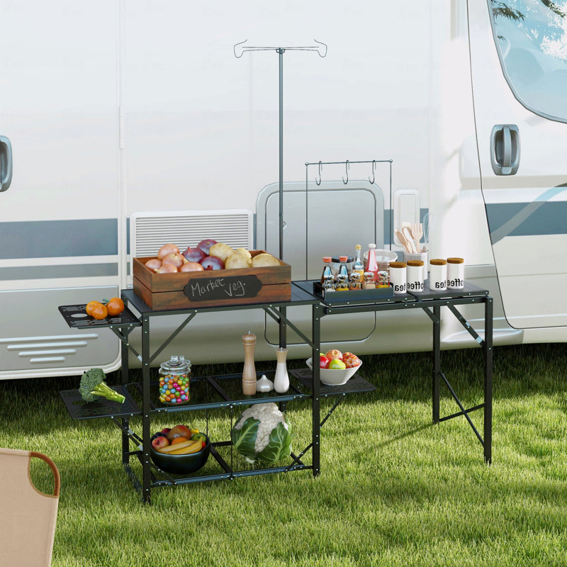 Table de patio de cuisine pliante, station de cuisson de camping portable avec support de lanterne réglable, crochets de suspension et sac de transport