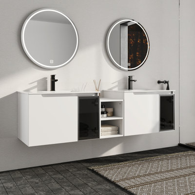  Ensemble de meuble-lavabo double 60 po / 72 po / 84 po Caelum avec comptoir en céramique, meuble-lavabo double mural avec lavabo en céramique