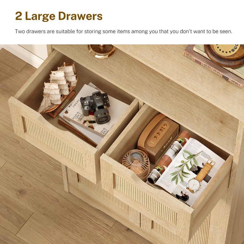 Millwood Pines Large Storage Cabinet With 2 Adjustable Drawers & 2 Shelf, Natural