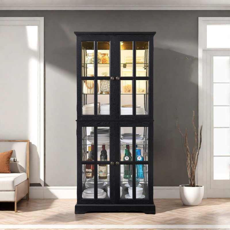 Antique Display Cabinet With 4 Glass Doors, Adjustable Shelves, Metal Embossed Handles And Integrated Lighting, Black