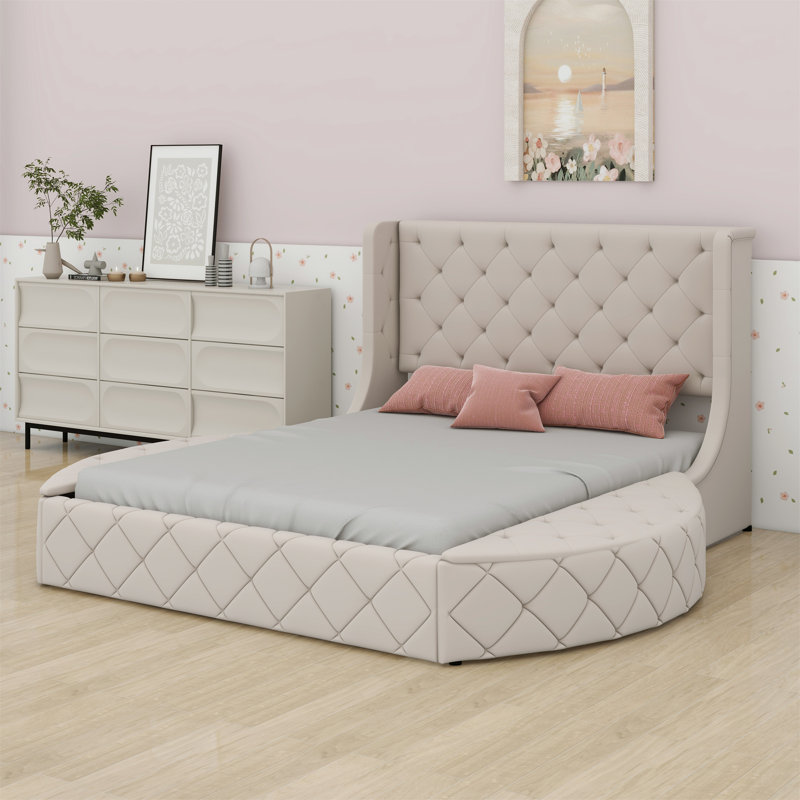 Lit plateforme tapissier avec tête de lit à oreilles et 1 grand tiroir, 2 tabourets de rangement latéraux, Beige