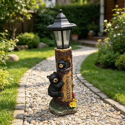 Brown Bear Statue Welcoming Guests Statue with Solar-Powered Lights for Courtyards, Gardens, Lawns, Patios