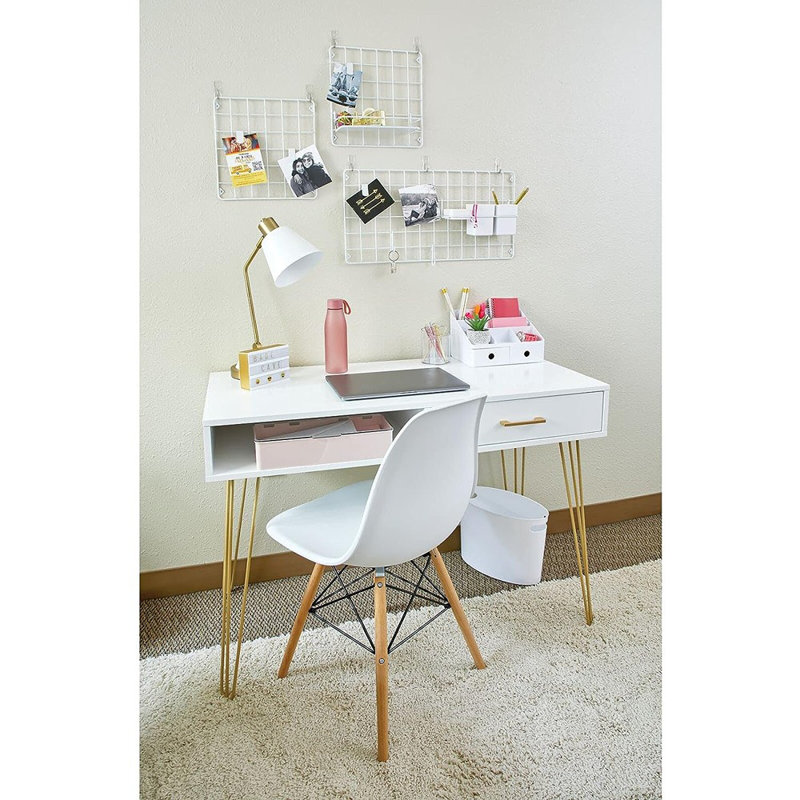 White and Gold Hairpin Leg Desk with Drawer