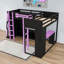 Lit mezzanine simple en L en bois avec lumières DEL RVB, ports USB et tablettes de rangement-777189713