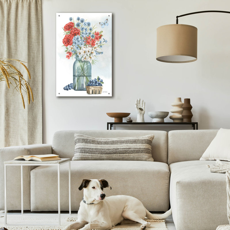 Art mural en verre épique «Red White and Blue Floral 2» par Leslie Trimbach, H 36 po x l 24 po x P 0,2 po