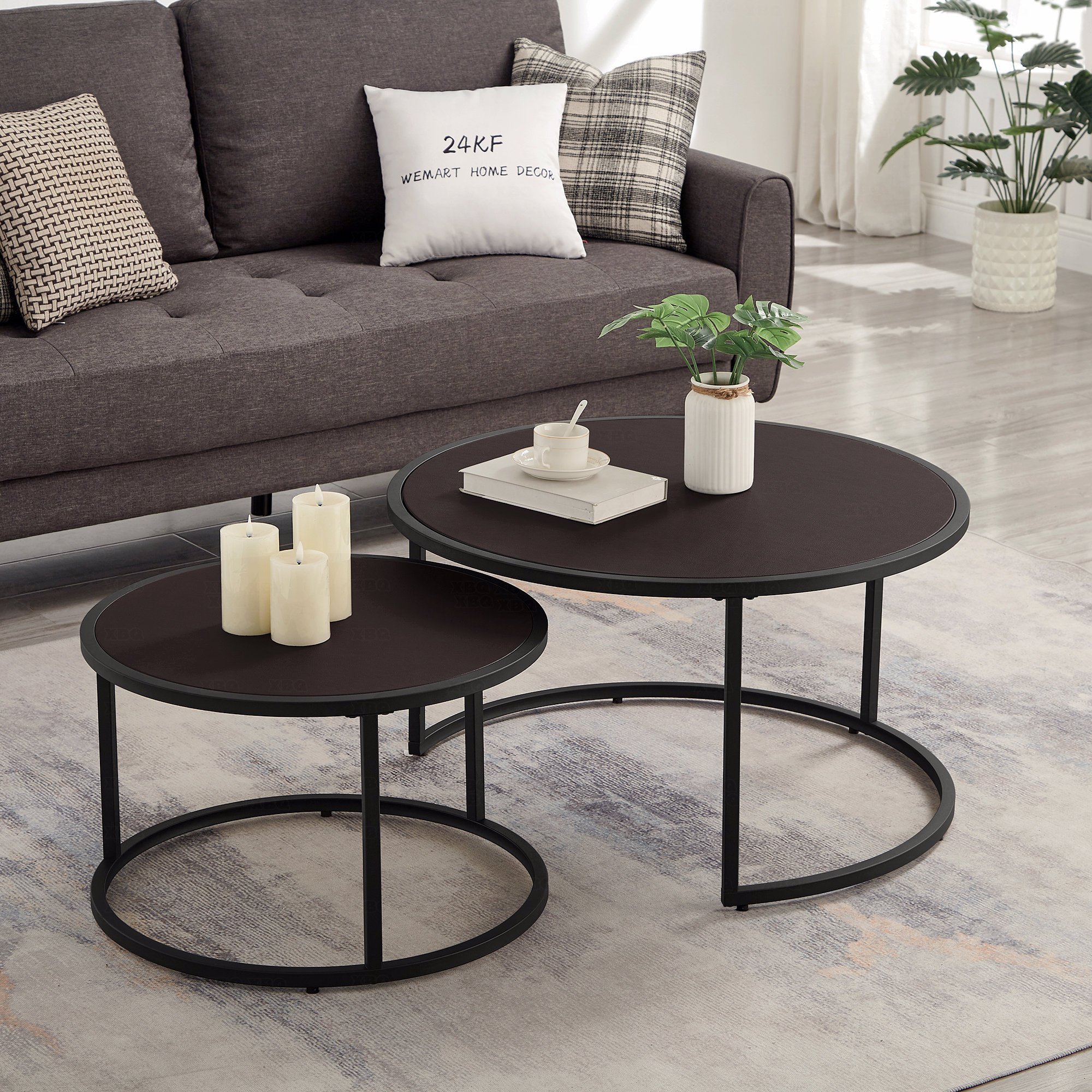 Latitude Run® Round Leather Coffee Table Set Of 2 Living Room Modern ...