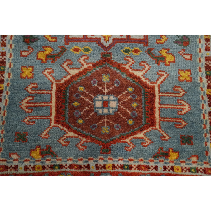 Tapis bleu Kazak à motif géométrique 3 x 5