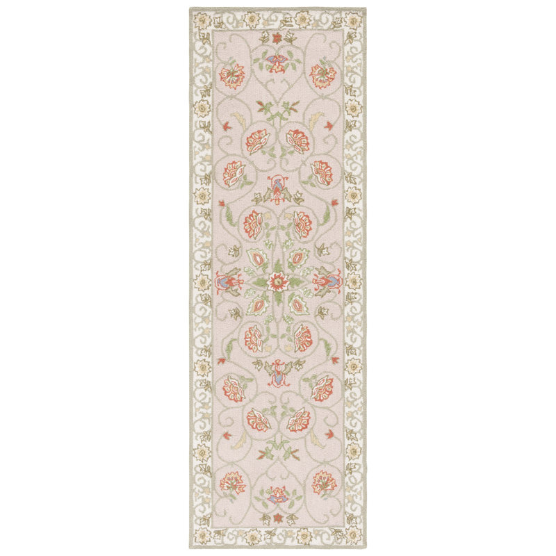 Hollander Floral Hand-Hooked Wool Beige/Green Area Rug, Runner 2'6" x 6'