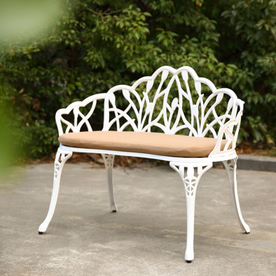 Tulip Patio Garden Bench Metal Park Bench Cast Aluminum Outdoor Furniture with Floral Rose for Patio,Park,Lawn,Yard with cushion by Lark Manor