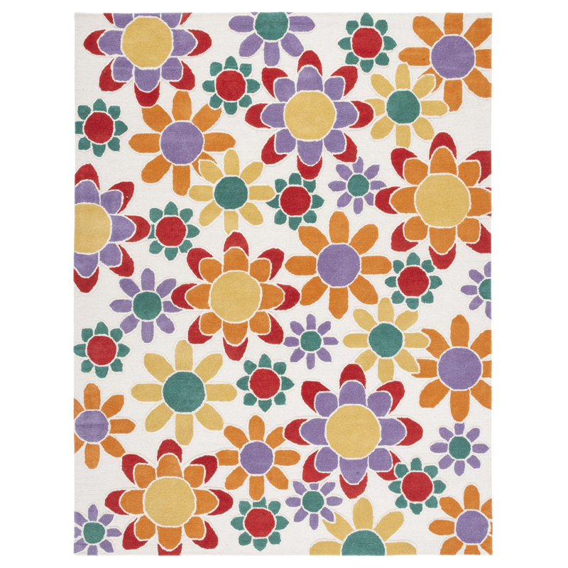 Asfrith Floral Handmade Tufted Wool Red/Orange/Green Area Rug, Rectangle 8' x 10'