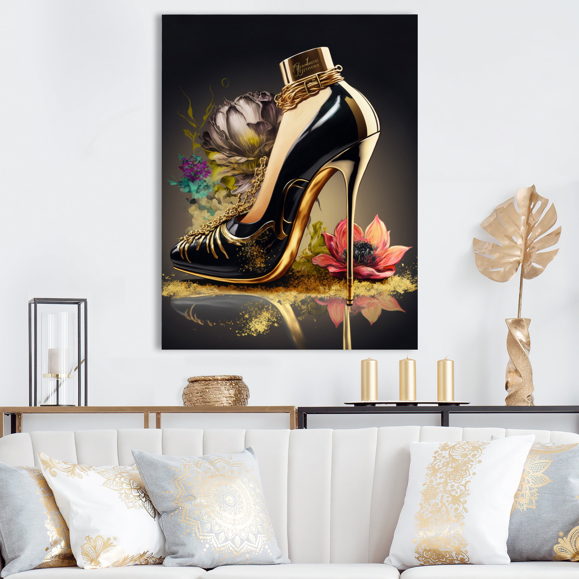 Gold Floral High Heel Shoes I - Unframed Graphic Art Mercer41 Size: 32 H x 16 W x 1 D