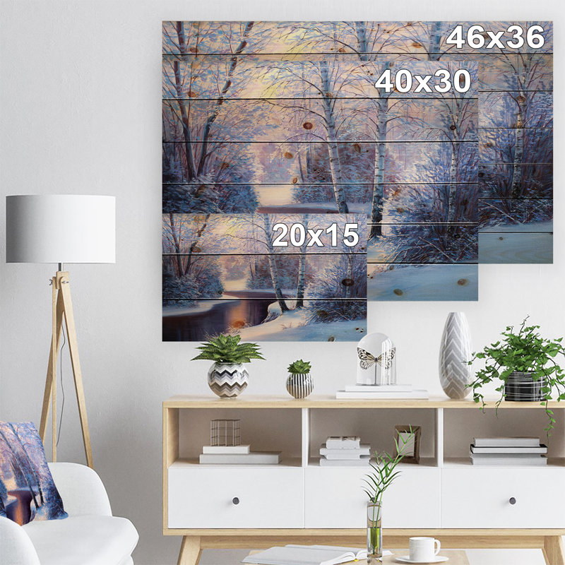 «Winter Forest in River Sunset - Landscape», peinture, Bois, H 36 po x l 46 po x P 1,5 po