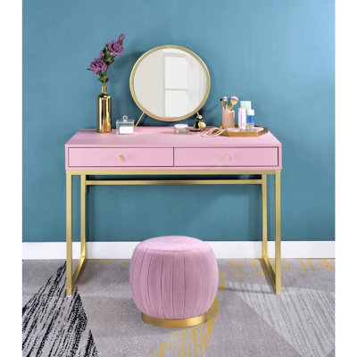 Bureau de coiffeuse 2 tiroirs avec miroir et plateau à bijoux, rose et or