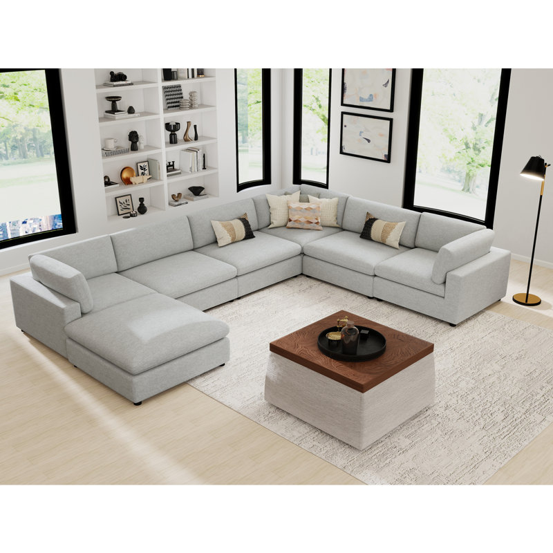 7-Piece Minimalist Modern Soft-Upholstered Sectional With Ottoman
