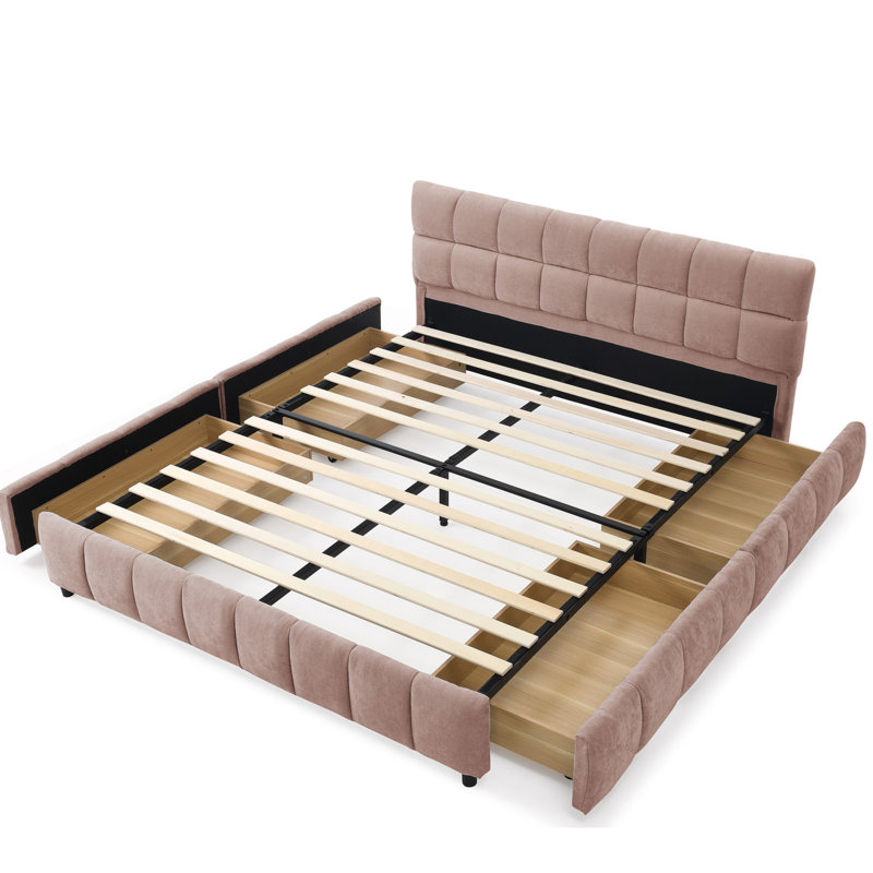 Queen Size Upholstered Bed With Storage Drawers ,Soft Chenille Headboard & Solid Frame .(88.5''*68.5''*31''), Pink