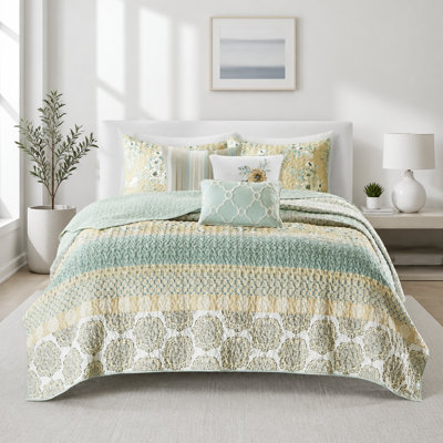 Ensemble de courtepointe en satin de polyester 6 pièces avec taies décoratives et coussins décoratifs vert très grand