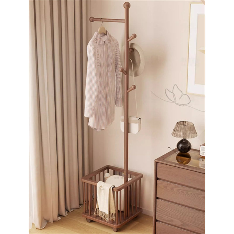 Portemanteau multifonctionnel en bois massif avec panier à linge, Brun
