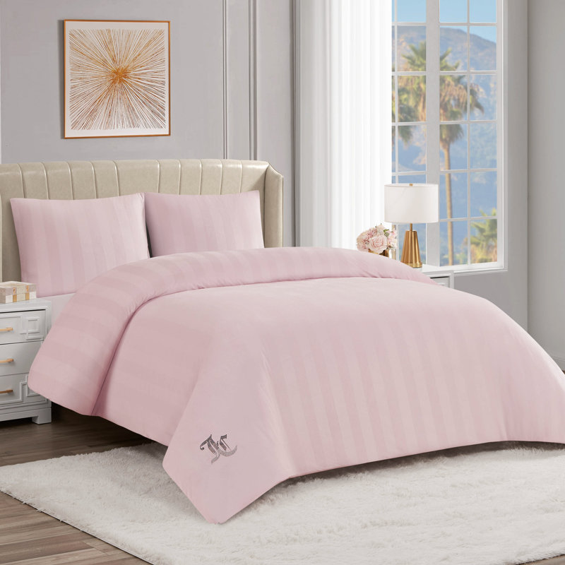 Juicy Couture Jenny Velour Jacquard Duvet Sets, King Duvet Cover + 2 King Shams, Light Pink