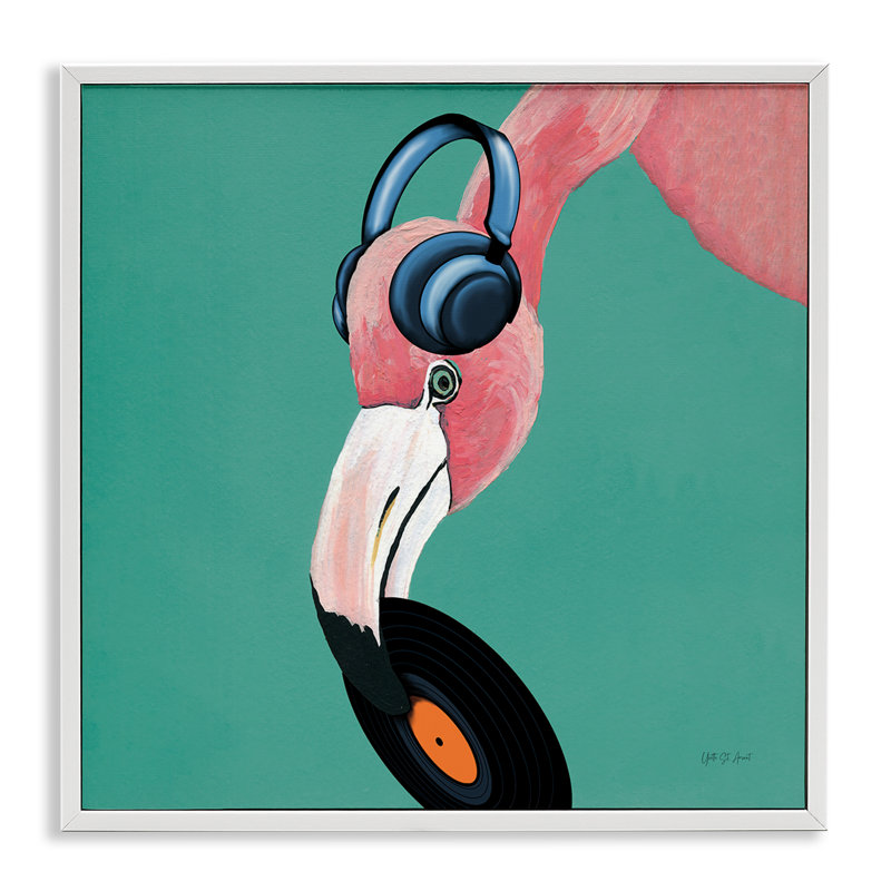 Flamant rose avec disque musical, art de la giclée par Yvette St. Amant, H 17 po x l 17 po, Giclée encadrée blanc bord de mer