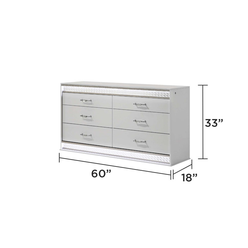 Commode à 6 tiroirs de style moderne avec éclairage DEL et détails en cristal, espace de rangement spacieux pour les chambres élégantes